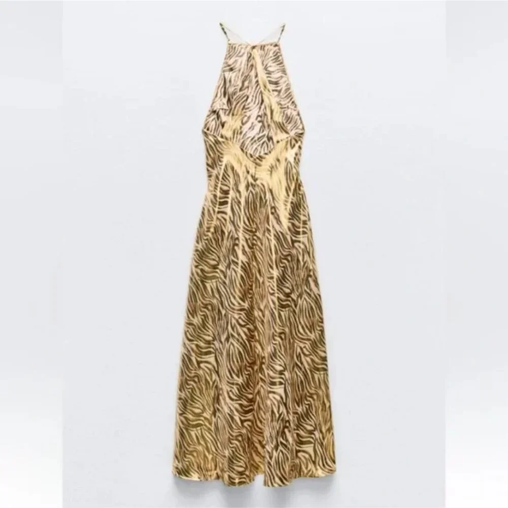 Zara Foil Animal Print Halter Midi Dress